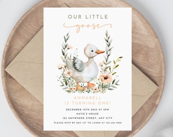 Kid's Goose Birthday Invitation, Our Little Goose, First Birthday, Toddler Birthday, Spring Birthday, Instant Download