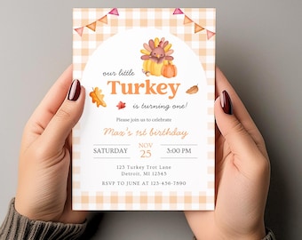 Our Little Turkey 1st Birthday Invitation, First Birthday Invitation, Thanksgiving Birthday Invite, Fall Gingham Party, Editable Template