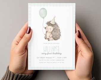 Hedgehog First Birthday Invitation Template, Woodland Animal Birthday Invite, 1st Birthday Invite, Gingham, Instant Download