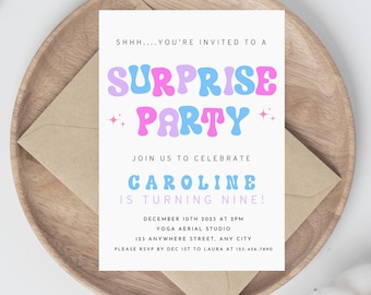 Kid's Surprise Birthday Party Invitation, Surprise Party, Retro, Colorful, Instant Download