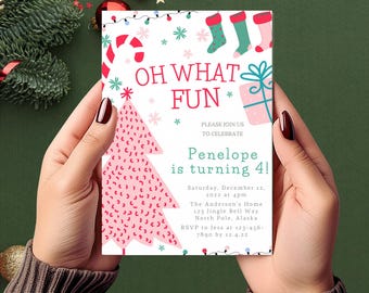 Girl&#39;s Christmas Birthday Invitation, Oh What Fun Invite, Pink Christmas Tree, Winter Birthday Party, Printable Invite, Instant Download