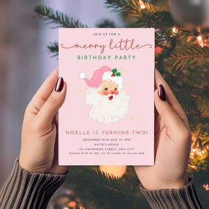 Girl&#39;s Christmas Birthday Invitation, Pink Vintage Santa, Holiday Birthday, Instant Download