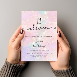Pink Eleventh Birthday Invitation, Girly Pastel Birthday Invitation, Instant Download