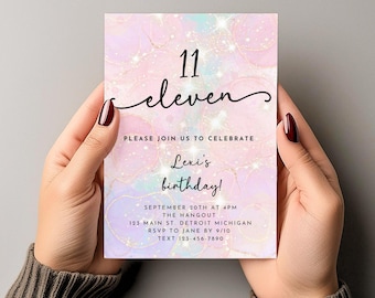 Pink Eleventh Birthday Invitation, Girly Pastel Birthday Invitation, Instant Download