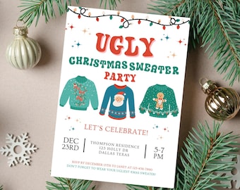 May include: A festive invitation to an Ugly Christmas Sweater Party. The invitation features three cartoon illustrations of ugly Christmas sweaters, with a red, white, and blue color scheme. The text on the invitation reads "Ugly Christmas Sweater Party" and includes details about the date, time, and location of the party.