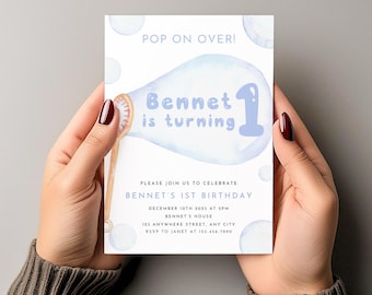 Bubble Birthday Party Invitation, Pop on Over Boy's 1st Birthday, Bubble Letters, Pastel Blue, Summer Birthday, Instant Download