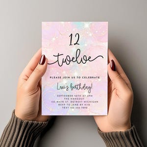 Editable 12th Birthday Invitation Template, Pink Purple and Gold Sparkles, Glitter, Instant Download