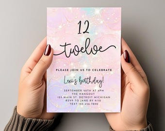 Editable 12th Birthday Invitation Template, Pink Purple and Gold Sparkles, Glitter, Instant Download