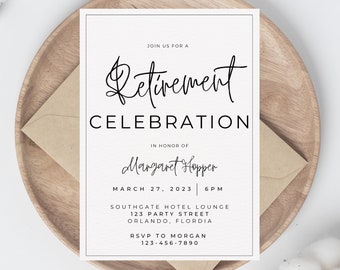May include: A white invitation card with black text announces a retirement celebration. The card is on a wooden plate with a brown envelope. The text includes "Retirement Celebration" and details for Margaret Hopper's retirement.