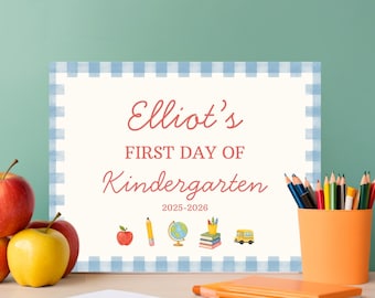 First Day of Kindergarten Printable, Back to School Photo Prop, Blue gingham, First Day of School, Instant Download