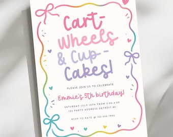 Gymnastics Birthday Invitation, Rainbow Cartwheels & Cupcakes Party Invite, Girl Gymnastics Birthday, Canva Template, Printable Invite