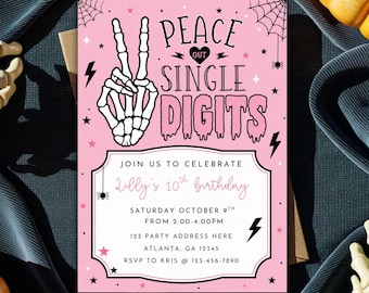 Peace Out Single Digits Birthday Invite, 10th Birthday Invitation, Girl's Halloween Themed Birthday Party, Instant Download