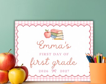 First Day of School Printable Sign, Red Gingham Photo Prop, Printable Back to School, Instant Download