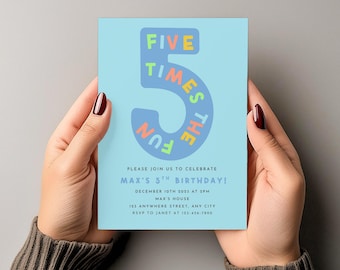 Five times the Fun Birthday Party Invitation, Blue, Boy's 5th Birthday Instant Download