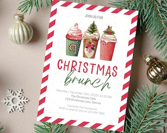 May include: A Christmas brunch invitation with a red and white striped background. The invitation features a hand-drawn illustration of three holiday-themed coffee drinks with whipped cream and festive toppings. The text reads "JOIN US FOR CHRISTMAS brunch" and includes the date, time, location, and RSVP information.