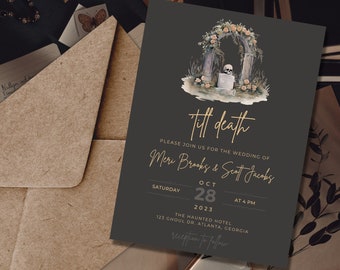Till Death Gothic Halloween Wedding Invitation Suite Template, Black and Gold Skeleton Wedding, Instant Download