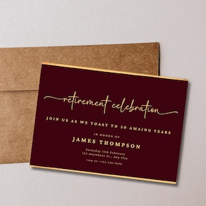 Burgandy and Gold Retirement Party Invitation, Retirement Celebration, Formal Invitation, Farewell Invite, Instant Download