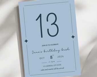 Minimalist Birthday Invitation, Any Age, Editable Canva Template, Blue Birthday Invite