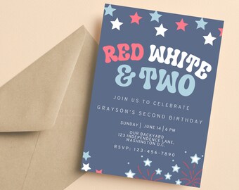 Four of July Patriotic 2nd Birthday Invite, Red White and Two Birthday ...