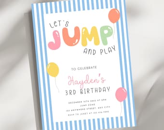 Jump & Play Birthday Invitation, Colorful Kids Birthday Party Invite, Pastel Birthday Invitation, Editable Canva Template, Digital Invite