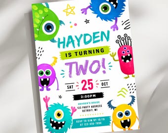 Monster Birthday Invitation Template, Monster Bash Birthday, Boy Birthday Invitation, Cute Monster Party, First, Second, Third Birthday