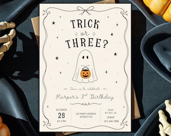 Trick or Three Birthday Invitation, Ghost 3rd Birthday Invite, Halloween Third Birthday Party, Editable Template