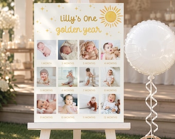Golden Year Photo Board, First Birthday Milestone Poster (Instant Download)