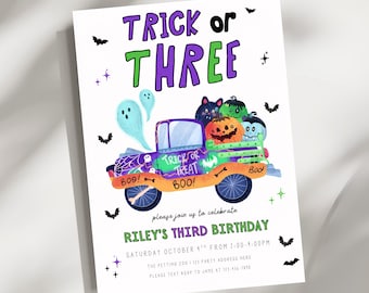 Trick or Three Birthday Invitation, Halloween 3rd Birthday Party Invite, Monster Truck Invitation, Instant Download