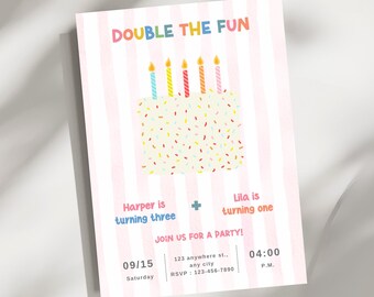 Double the Fun Birthday Invitation | Joint Birthday Party Invite | Sibling Birthday