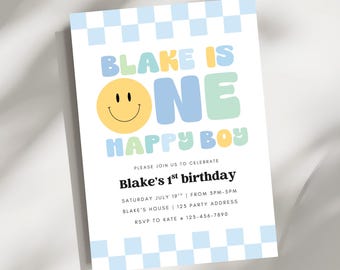 One Happy Boy Invitation, Smiley Face 1st Birthday Invite, Boy's 1st Party Invitation, Instant Download
