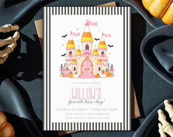 Pink Halloween Birthday Invitation Template, Coquette Halloween Party Invite, Candy Corn Princess Castle, Pink Pumpkin Birthday