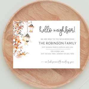 Tarjeta de presentación imprimible de "Hola Vecino", nota para nuevo vecino en otoño, tarjeta de saludo de otoño, descarga instantánea