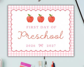 First Day of Preschool Printable Sign, Red and Pink Gingham Back to School Sign, Instant Download