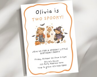 Two Spooky Birthday Invitation, Halloween 2nd Birthday Invitation, Teddy Bear Halloween Birthday, Editable Canva Invitation