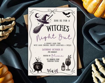 Witches Night Out Invitation, Editable Halloween Party Template, Canva Invite