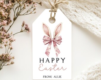 May include: A white gift tag with a pink bunny ear bow and the text "Happy Easter" and "From: Allie".