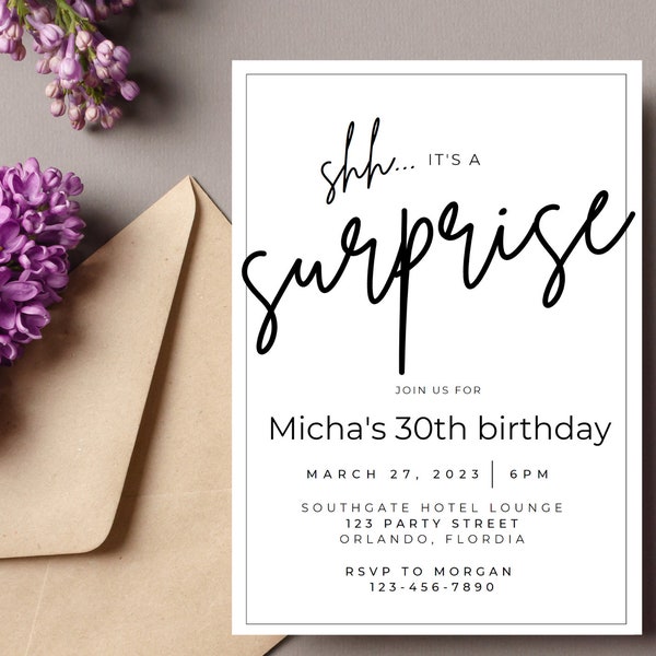 Modern Surprise Birthday Party Invitation, Black and White Invite template, Editable, Instant Download
