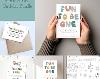 Può includere: Un pacchetto di festa di compleanno stampabile con il tema "Fun to be one". Il pacchetto include un biglietto di ringraziamento, un invito, un cartello di benvenuto e una pagina di attività di compleanno. Il design presenta un carattere colorato e spumeggiante e una tavolozza di colori giocosa di verde acqua, marrone, giallo e rosa.
