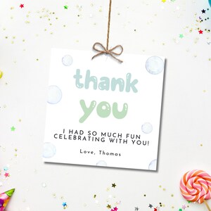 Etiqueta de agradecimiento con burbujas, etiqueta de regalo, azul y verde, burbujas, tarjeta de agradecimiento de cumpleaños, descarga instantánea