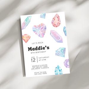 Invito di compleanno per bambina con pietre preziose di cristallo, geodi, rocce, gemme acquerellate, download immediato