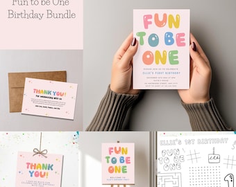 Pakiet Fun to Be One First Birthday Bundle, Pierwsze urodziny, Rainbow Bubble First Birthday, Minimalistyczny, Natychmiastowe pobranie