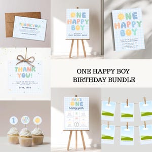 May include: A selection of birthday party decorations with a "One Happy Boy" theme. Includes a welcome sign, thank you cards, cupcake toppers, and a photo banner. The colour scheme is pastel blue, yellow, and orange.