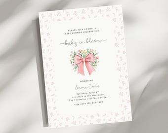 Plantilla de invitación para baby shower "Bebé en flor", con lazo floral rosa, editable, para baby shower primaveral, descarga instantánea