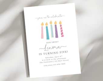 Minimalist 5th Birthday Invitation Template, Five Birthday Invite, Editable Canva Invite, Candle Birthday Party, Girl Birthday