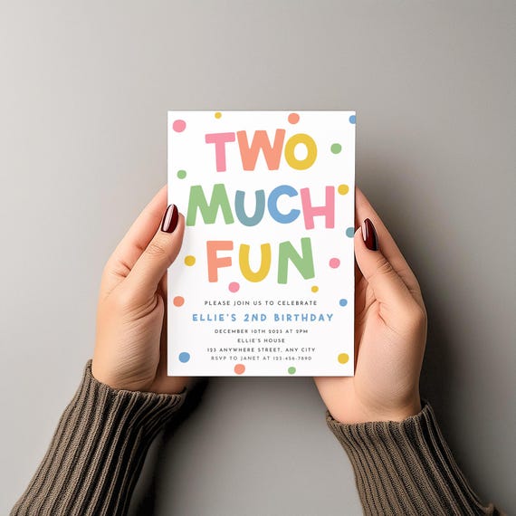 Second Birthday Invitation, Two Much Fun Invite, Rainbow Polka Dots, Minimalist, Fun, Instant Download