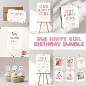 May include: A birthday party stationery bundle featuring pastel-coloured floral designs and bubble lettering. Includes a welcome sign, invitation, thank you cards, cupcake toppers, a milestone board, and photo display cards with the text One Happy Girl.