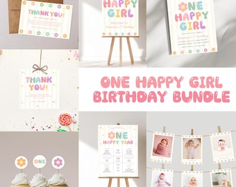 One Happy Girl Birthday Bundle, Groovy Daisy First Birthday Party Package, Editable Invitation Set, Girl 1st Birthday Decor