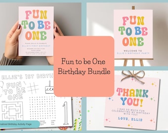1st Birthday Bundle, Fun to be One, Girl's Birthday Party Theme, Invitation Bundle, Rainbow, Minimalist