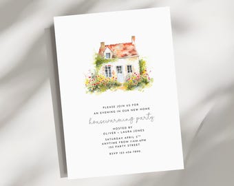 May include: A white housewarming party invitation with a watercolor illustration of a cottage with a red roof and colorful flowers. The invitation includes the text: "Please join us for an evening in our new home housewarming party".