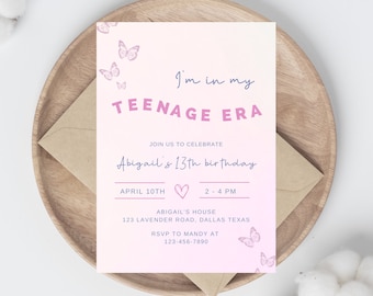 Girl's 13th birthday Invitation, Teenage Era Party, Butterfly Pink Pastel, Instant Download